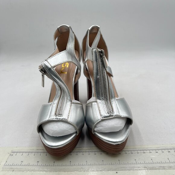 FSJ Silver Peep Open Toe T-Strap Front Zipper Chunky Stacked High Heel Sandal - Picture 2 of 7